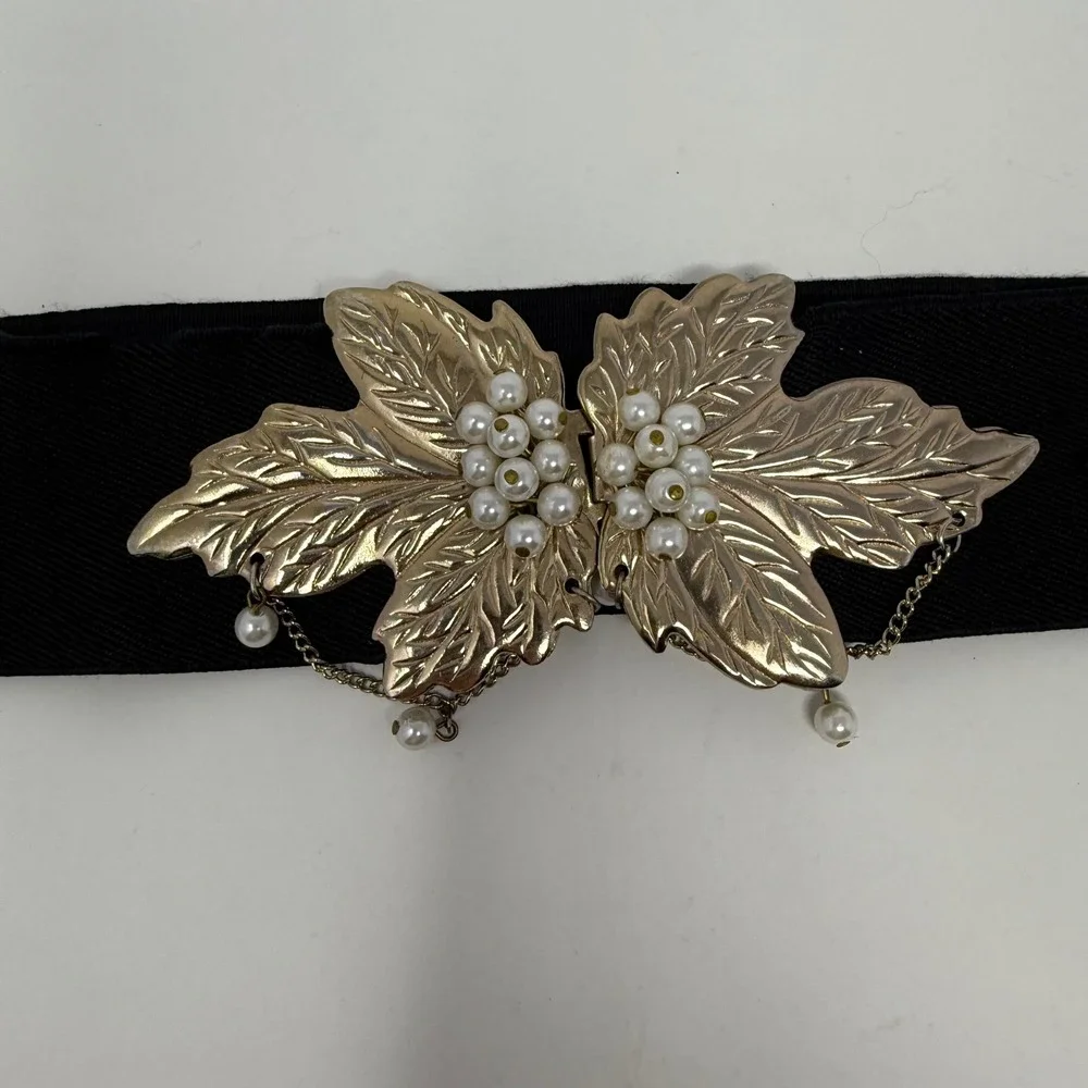 Vtg Gold Leaf Pearl Embellished Stretch Belt Women's Dressy‎ Elastic Waist retro